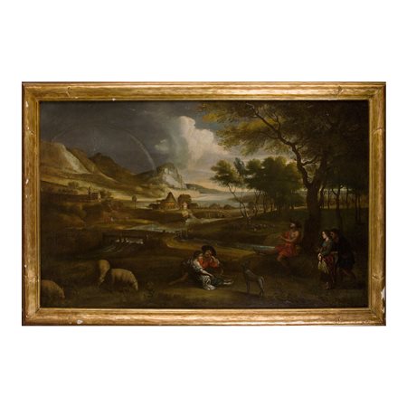 Pittore fiammingo del XVIII secolo, Paesaggio con figure e caseggiato