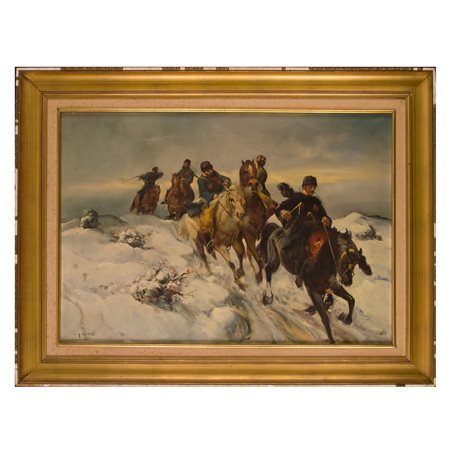 Pittore russo del XIX secolo, Paesaggio innevato con uomini a cavallo 