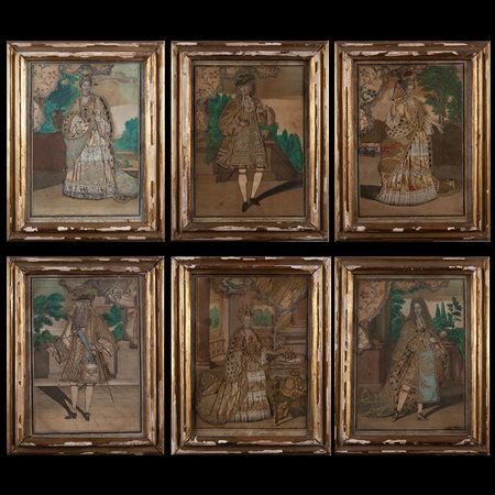 Gruppo di sei stampe vestite, Francia fine XVII inizio XVIII secolo