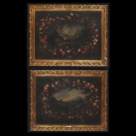 Mario Nuzzi detto Mario de’ fiori (Roma, 1603 – Roma 1673), Coppia di paesaggi con corona di fiori