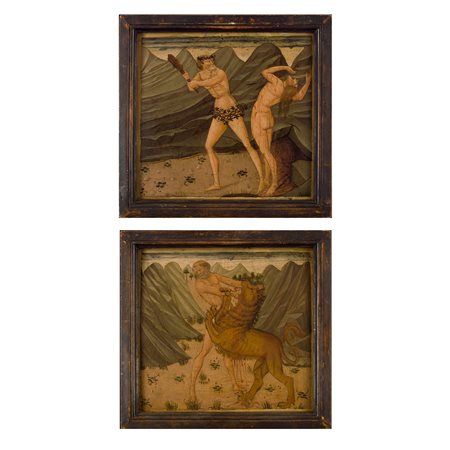 Maestro del 1441, attr. a, Ercole e il leone di Nemea ed Ercole in lotta con una donna(?)