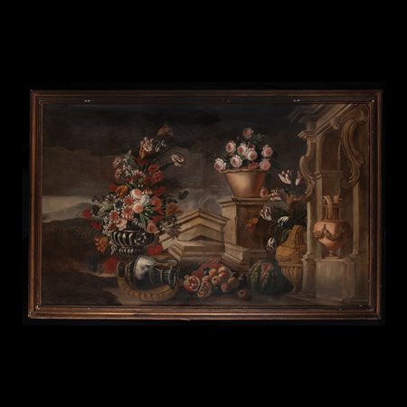 Scuola Napoletana della fine del XVII secolo, Natura morta con fiori e architetture