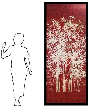 Studio Davico (attribuito a) - Pannello in tela raffigurante steli di bamboo su fondo rosso
