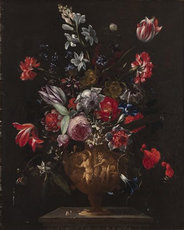 Giovanni Stanchi NATURA MORTA. VASO DI FIORI ISTORIATO CON PAN E SIRINGA olio...