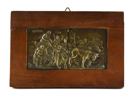 IN OPIA VMI TIM bassorilievo in bronzo entro cornice in legno, cm6,1x12,5...