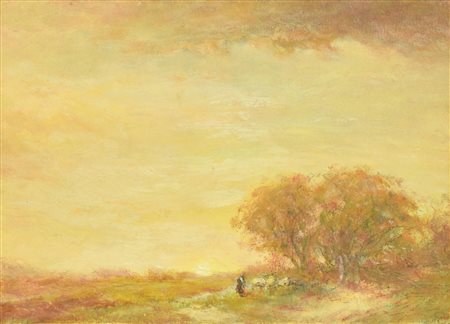 Anonimo del XIX secolo AL TRAMONTO olio su cartone, cm 17x25