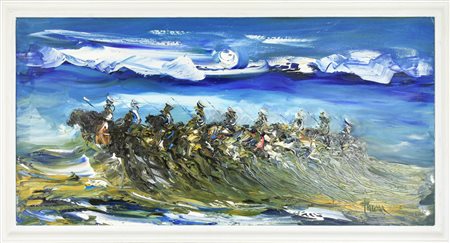 Mario Falchi CARICA DI CAVALLERIA olio su tela, cm 50x100 firma sul retro:...