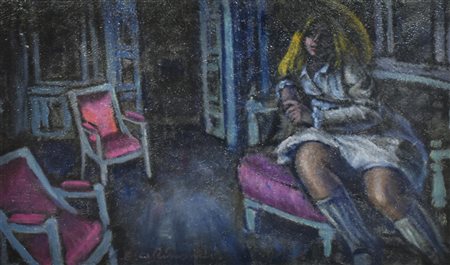Enrico Allimandi PETIT SALON D'ATTENTE olio su cartone, 33x54 cm firma...