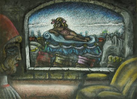 Enrico Allimandi LA FESTA pastelli su carta, 49x64 cm firma eseguito nel 1982...