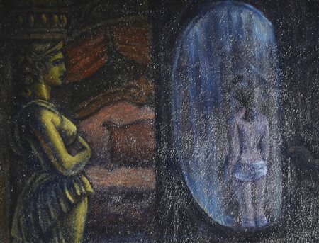 Enrico Allimandi LA FANCIULLA E LA STATUA ANTICA olio su cartone, 26x34 cm...