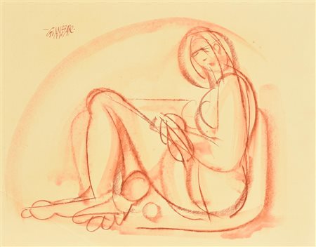 GIANBAR (Gianni Baretta) DONNA SEDUTA CON MELA tecnica mista su cartoncino,...