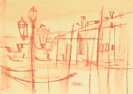 GIANBAR (Gianni Baretta) LUNGO IL CANAL GRANDE tecnica mista su cartoncino,...