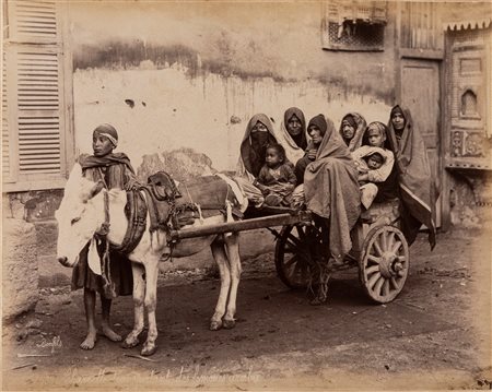 Félix Bonfils (1831-1885)  - Charrette transportant les femmes arabes ; Femme arabe et son enfant à baudette, 1880s