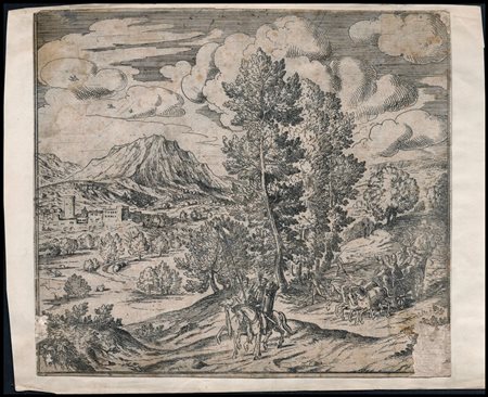 Anonimo incisore Veronese del XVII secolo: PAESAGGIO CON FIGURE