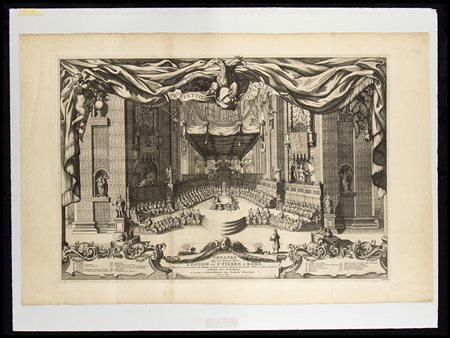 Giovanni Giacomo de Rossi (1627-1691) / Pierre Mortier (1661-1711): THEATRE QU'ON DRESSE DANS L'EGLISE DE ST. PIERRE A ROME