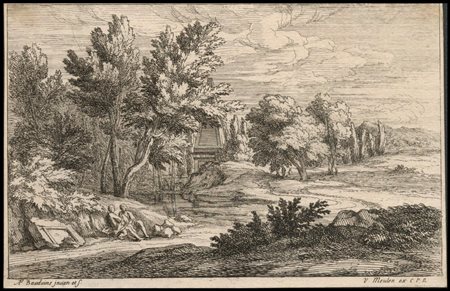 Adriaen Fransz Boudewijns (1644-1719): PAESAGGIO CON DUE FIGURE