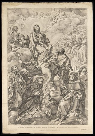 Pietro Aquila (1650-1692) da Carlo Maratti (1625-1713): B. VIRGO IN GLORIA CUM QUINQUE SANCTIS A CLEMENTE X CANONIZATIS ANNO MDCLXXI