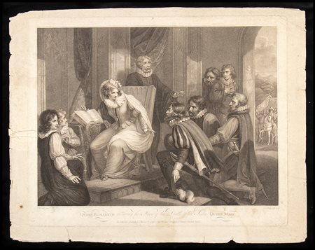 Niccolò Schiavonetti (1771-1813) da Richard Westall (1765-1836): LA REGINA ELISABETTA RICEVE LA NOTIZIA DELLA MORTE DELLA REGINA MARY I, 1792