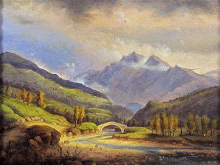 Giovanni Renica (Montirone 1808-Brescia 1884) Visione montana Olio su cartone...