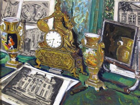 Mario Cavaglieri (Rovigo 1887-Peyloubère 1969) Interno con orologio e vasi...