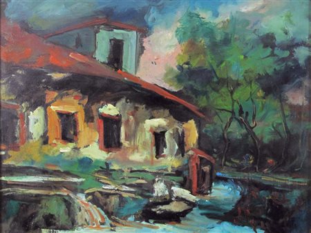 Piero Agnetti (Villafranca in Lunigiana 1938) Paesaggio Olio su cartoncino...