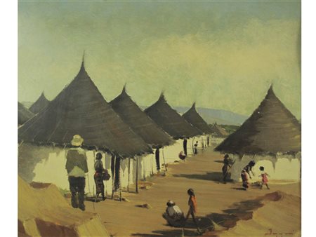Illeggibile (XX secolo) Villaggio africano Olio su cartoncino Firmato Misure...