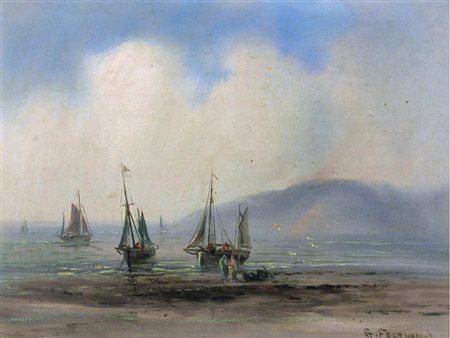 G. Felthan (XX secolo) Marina Olio su tavola Firmato Misure 18x23 cm