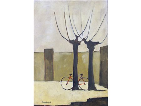 Prospero Riva (XX secolo) Alberi con bicicletta Olio su tela Firmato Misura...