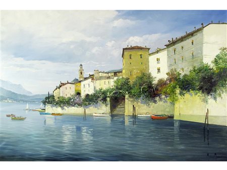 Mariano Moreno (Seregno 1955) Paesaggio lacustre Olio su tela Firmato Misure...