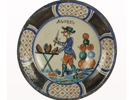 Piatto in maiolica Montelupo Fiorentino. Epoca XVII secolo. Raffigura il mese...
