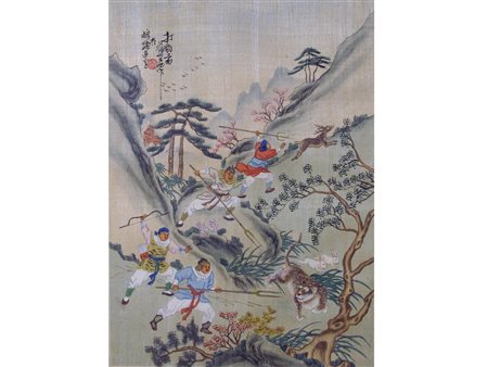 Cina (inizio XX secolo) Coppia di stampe colorate Misure 36x26 cm