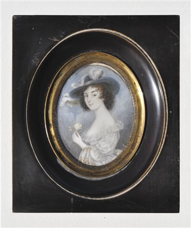 Anonym Ritratto a miniatura di giovane donna con rosa bianca, Francia 1800...