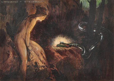 Orazio Gaigher (Levico 1870 - Meran/Merano 1938) Il Re Serpente, 1898;Guazzo...