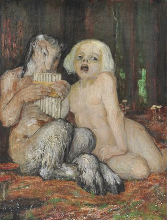Anton Colli (Cortina d’Ampezzo 1870 - Innsbruck 1950) Pan e la ninfa;Olio su...