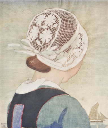 Carl Moser (Bozen/Bolzano 1873 - 1939) Ragazza bretone, 1926;Xilografia a...