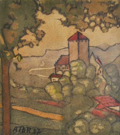 Anton Theodor Röggla Castel Tirolo 1937;Xilografia a colori, 10,5 x 11 cm, in...