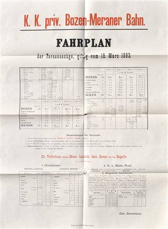 Anonym/anomino Manifesto "K. k. priv. Bozen-Meraner Bahn", 1883;Tipografia,...