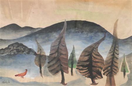 Willy Valier (Bozen/Bolzano 1920 - Senigallia 1968) Paesaggio con uccello,...