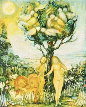 Vladislav Kavan (Baska 1924 -Bozen 2005) Adamo ed Eva con coppia di leoni...