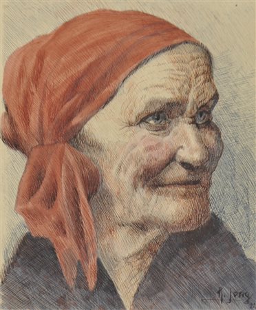 R. Jung Donna vecchia con foulard rosso, 1920;China, acquerello, 26 x 11 cm,...