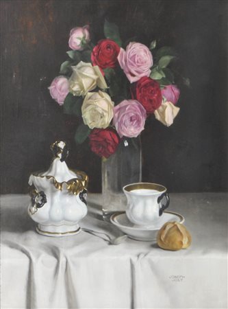 Joseph Jost (Wien/Vienna 1888 - 1948) Natura morta con rose;Olio su tela, 61...