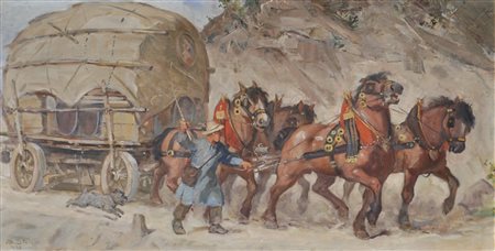 Albert Stolz (Bozen/Bolzano 1875 - 1947) Carrozza trainata da cavalli,...