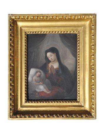 Maler des 19. Jh./Pittore del XIX sec. Madonna con bambino;Olio su metallo,...