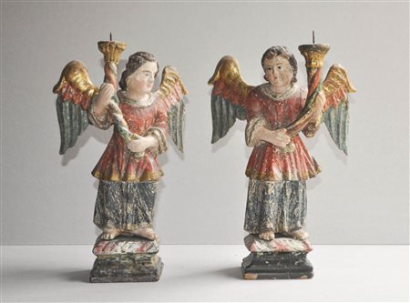 Anonym/anonimo Due angeli portacandele, Tirolo 1800 ca;.Legno dipinto,...