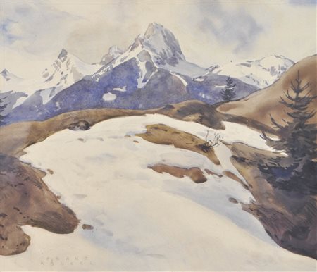 Franz Köberl (1889 - 1967) Paesaggio montuoso tirolese con la neve che si...