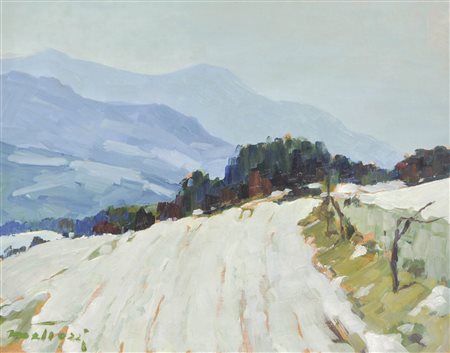 Guido Mattuzzi (Trentino 1902 - 1977) Paesaggio invernale;Olio su tavola,...
