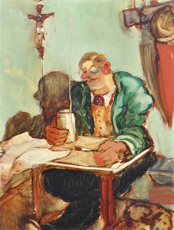 Kleophas Bogailei (1901 - 1989) L’artista al tavolo;Olio su tavola, 21 x 16...