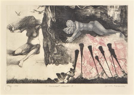 Janusz Karwacki (1940) Karnawal Venecki, 1970;Acquaforte su carta, 30 x 45, 5...