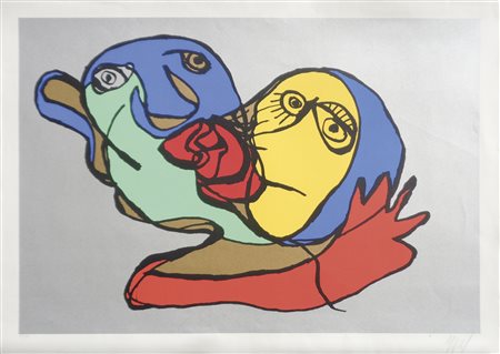 Karel Appel (1921 - 2006) Puttin green kiss, 1978;Litografia a col. su carta,...