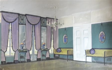 Jutta Sika (1877 - 1964) Interno, Anni ’20;Gouache a col. su carta, 32 x 48...
